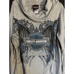 Women's Harley Davidson Studded Rhinestone Cowl Neck Long Sleeve Grey Top SizeXL